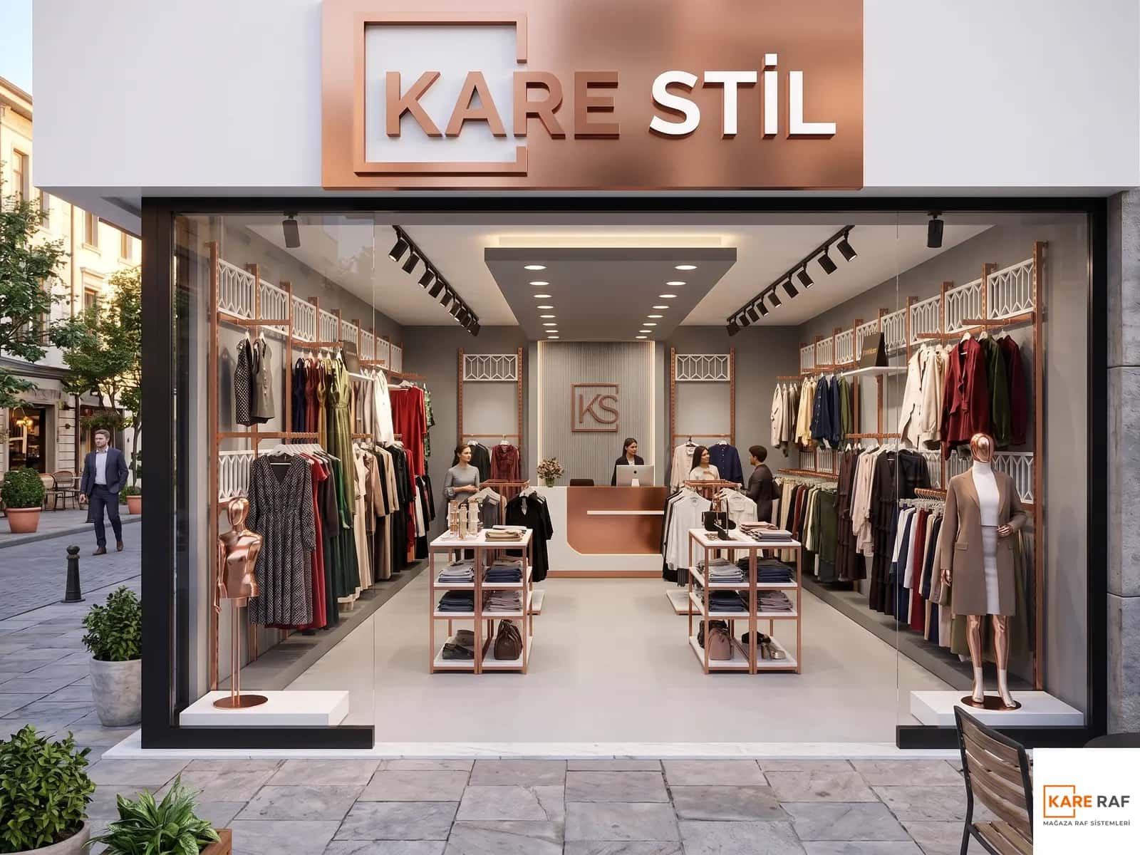 Bakır tabelalı giyim butiğinin cam cephesi: bakır askı hatları, orta teşhir üniteleri ve cansız mankenler