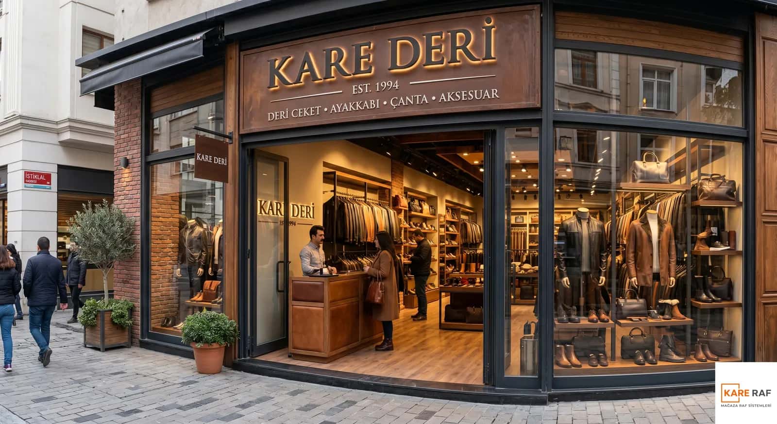 Deri ürünler mağazasının sokak cephesi, ahşap tabela, cam vitrinde deri ceket, çanta ve bot teşhiri