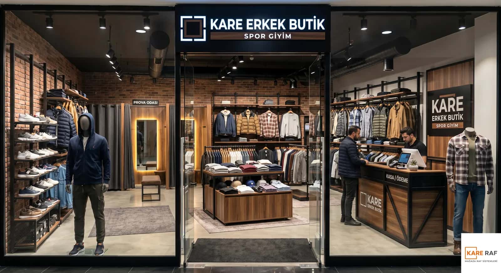 Erkek spor giyim mağazası cam cephesi, tuğla duvar önünde askı hatları, ayakkabı rafı ve manken