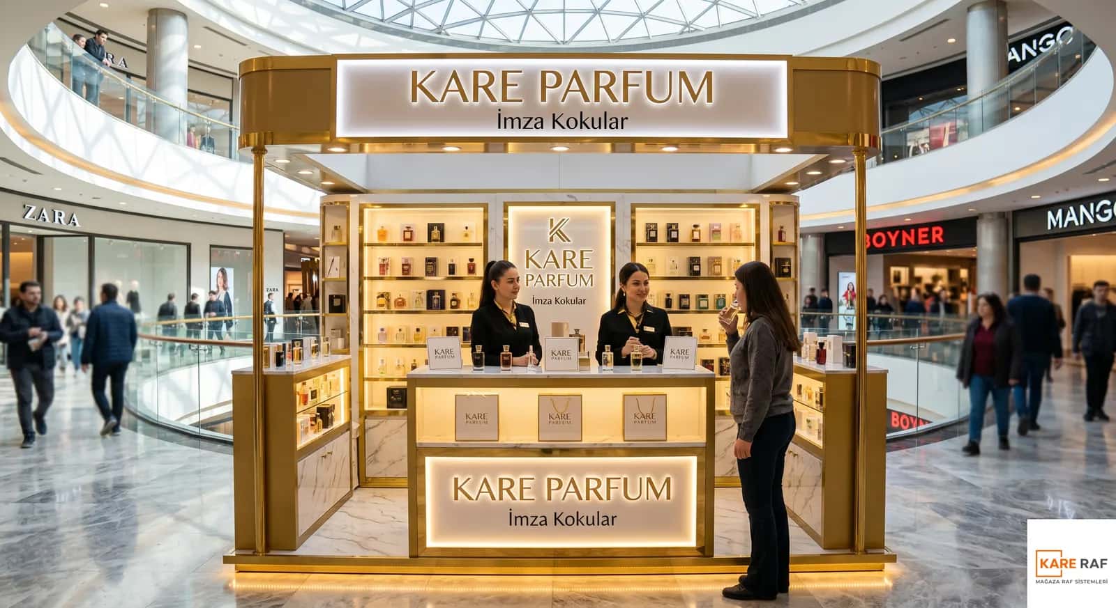 Alışveriş merkezinde altın rengi çerçeveli parfüm kiosku, aydınlatmalı raflar ve satış tezgâhı
