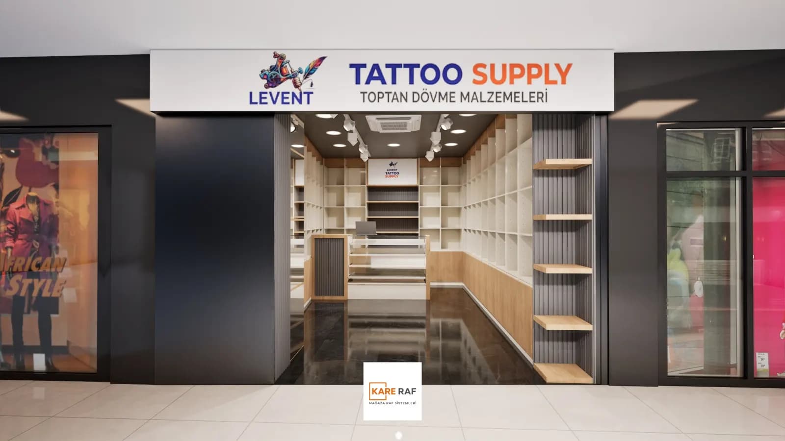Levent Tattoo Supply dövme malzemeleri mağazası raf sistemleri Tahtakale Fatih 3D mağaza görselleştirme — Kare Raf (1)