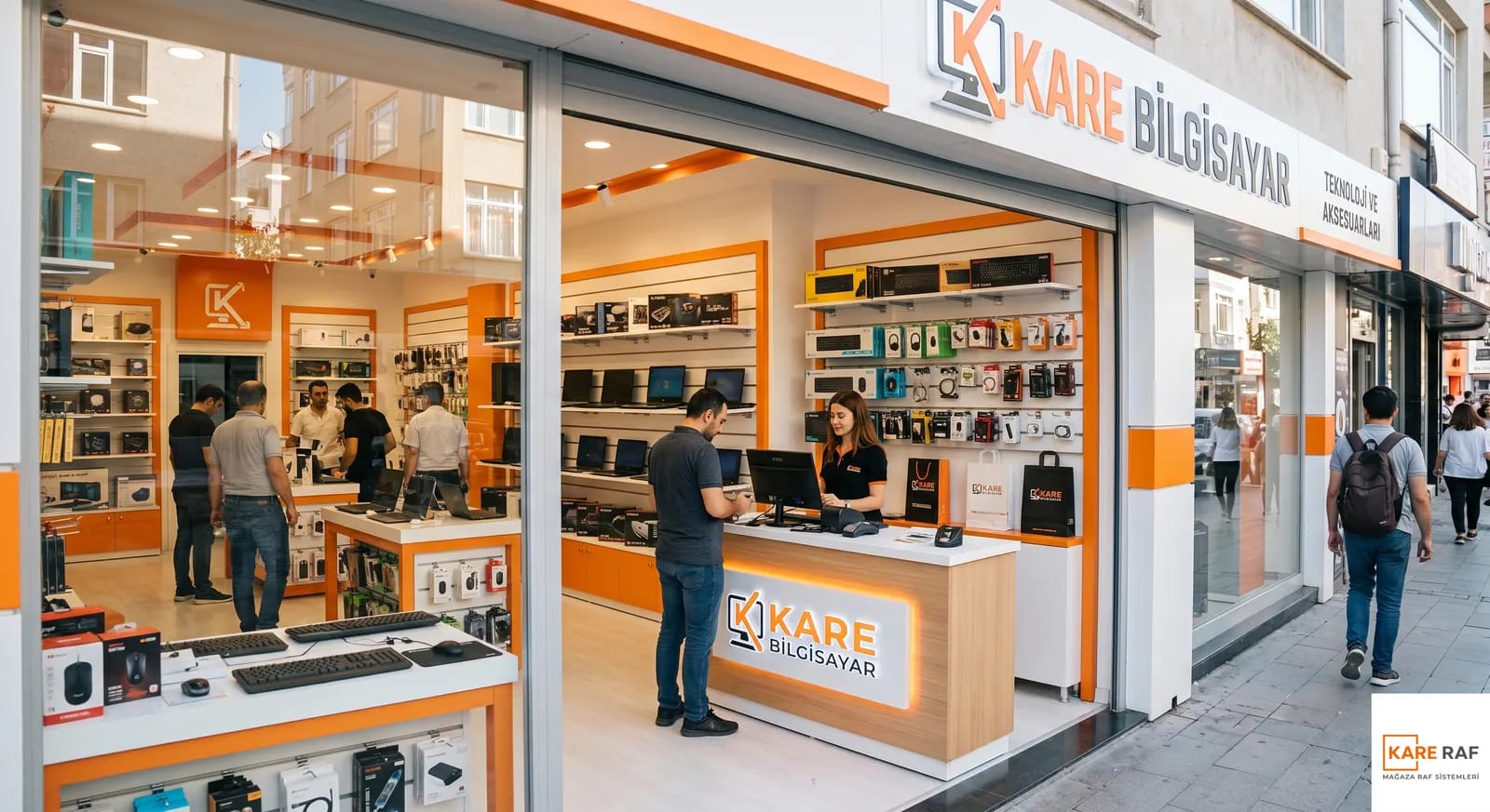 Turuncu-beyaz bilgisayar mağazasının cam cephesi ve girişi, içeride duvar rafları ve ahşap satış bankosu