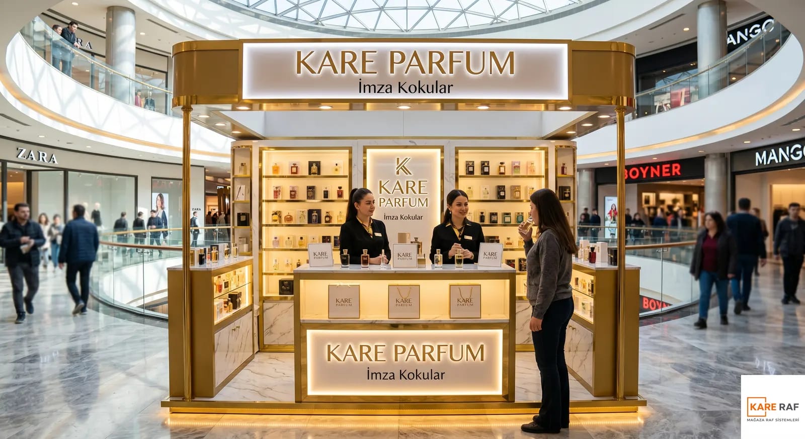 Alışveriş merkezinde altın rengi çerçeveli parfüm kiosku, aydınlatmalı raflar ve satış tezgâhı