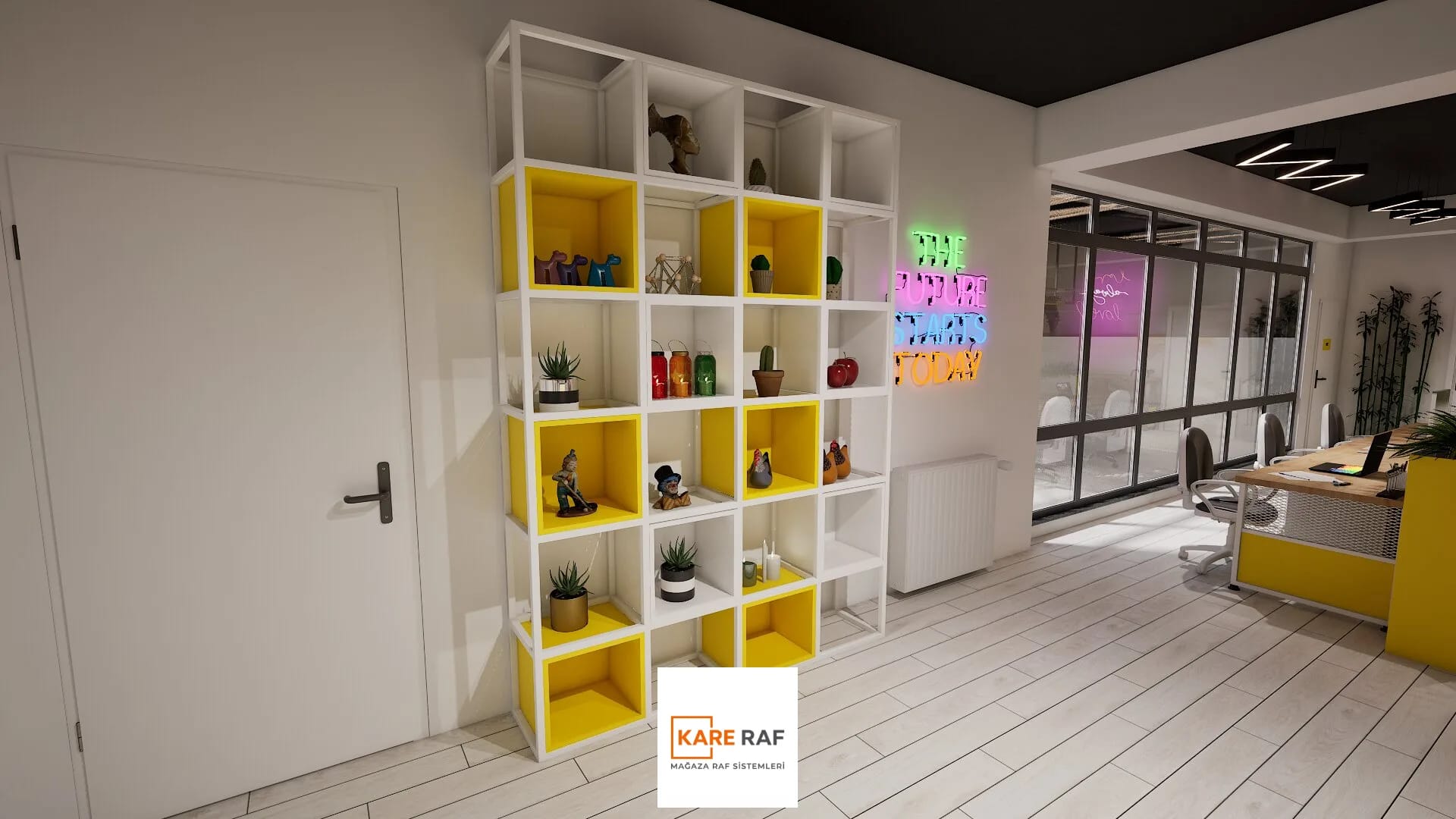 3D tasarım görseli: Megyori ofisinde sarı beyaz kutu modüllü kitaplık, neon yazı ve cam bölmeli çalışma alanı