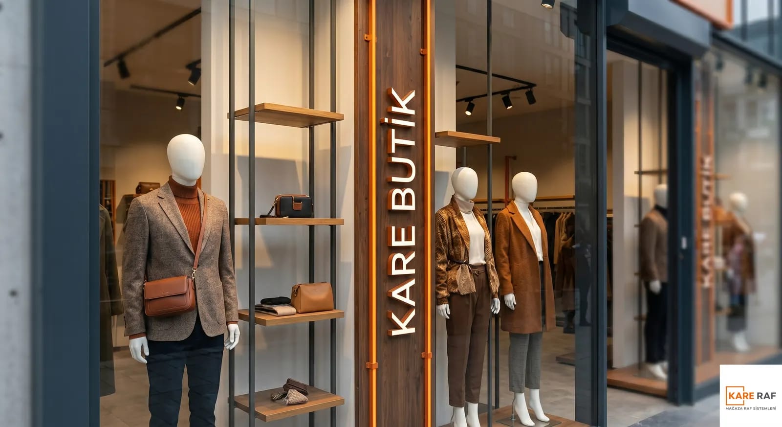 Butik vitrini yakın plan, mankenlerde kahverengi kaban ve ceketler, ince metal dikmeli ahşap raflar