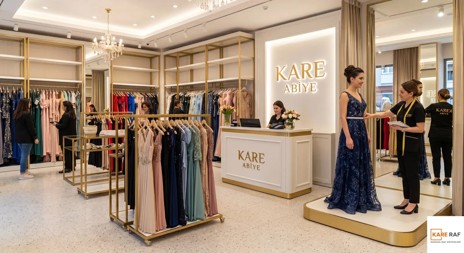 Abiye mağazası genel görünüm, altın metal askı ve raflar, kasa bankosu ve podyumda prova yapan müşteri