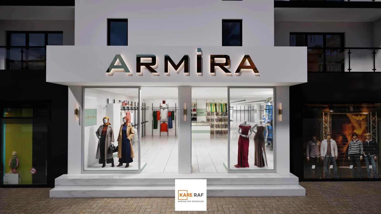 3D tasarım görseli: Armira tesettür mağazası cephesi, cam vitrinde elbiseli mankenler ve aydınlatmalı tabela