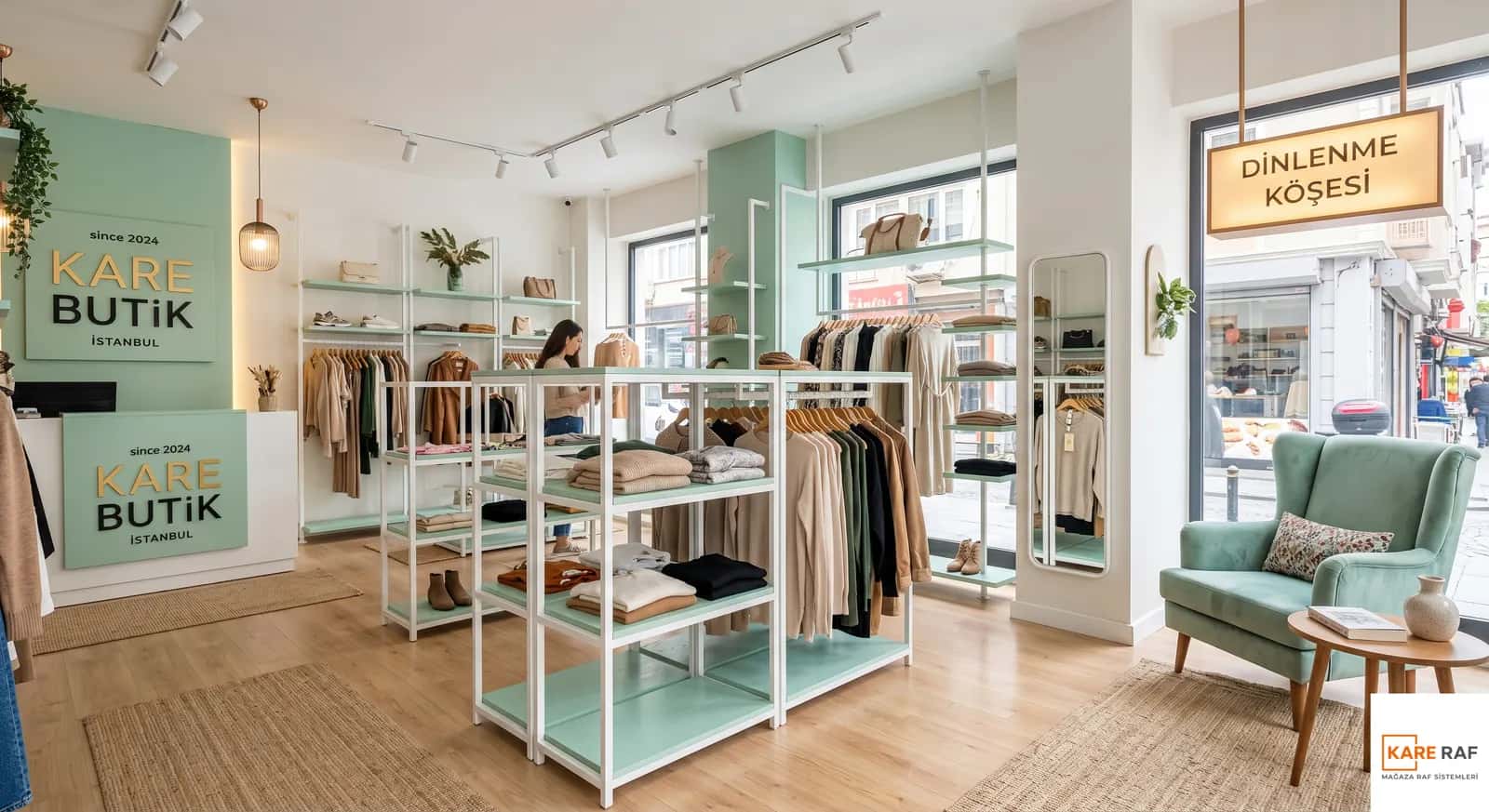 Mint yeşili butikte beyaz metal raflı orta ünite, askı hatları, kasa bankosu ve koltuklu dinlenme köşesi