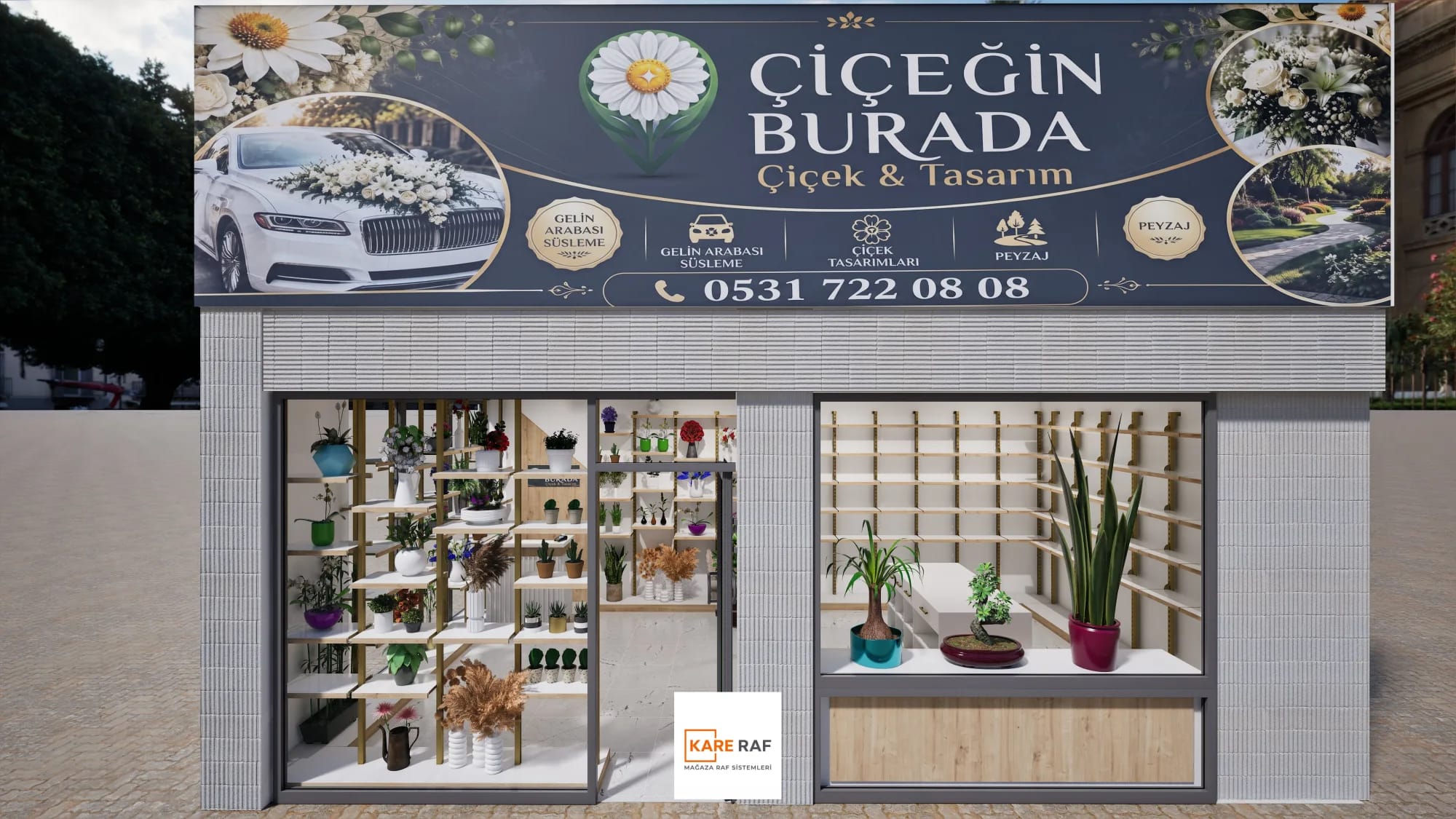 3D tasarım görseli: Çiçeğin Burada çiçekçisinin tabelalı cephesi, vitrinde saksılı bitkili ahşap-altın raflar
