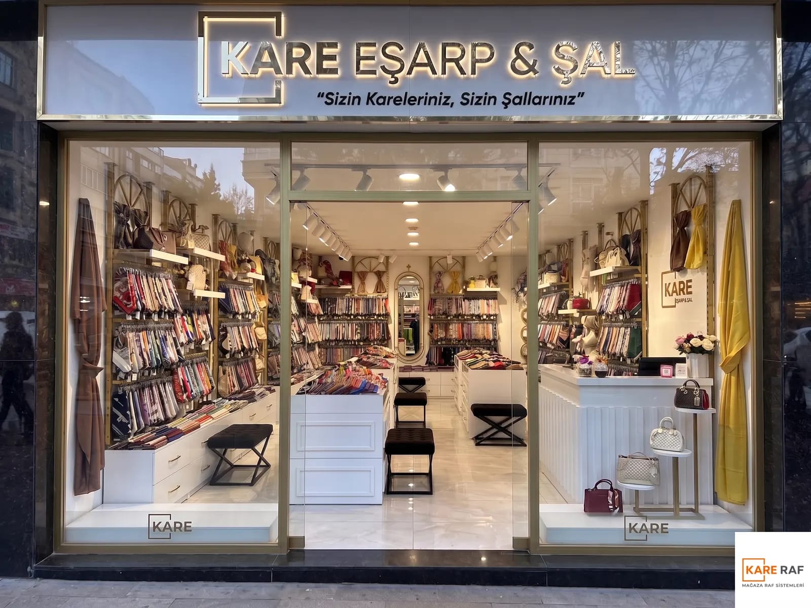 Eşarp ve şal mağazasının gece cephesi, vitrinden görünen altın dikmeli askı duvarları ve beyaz orta üniteler
