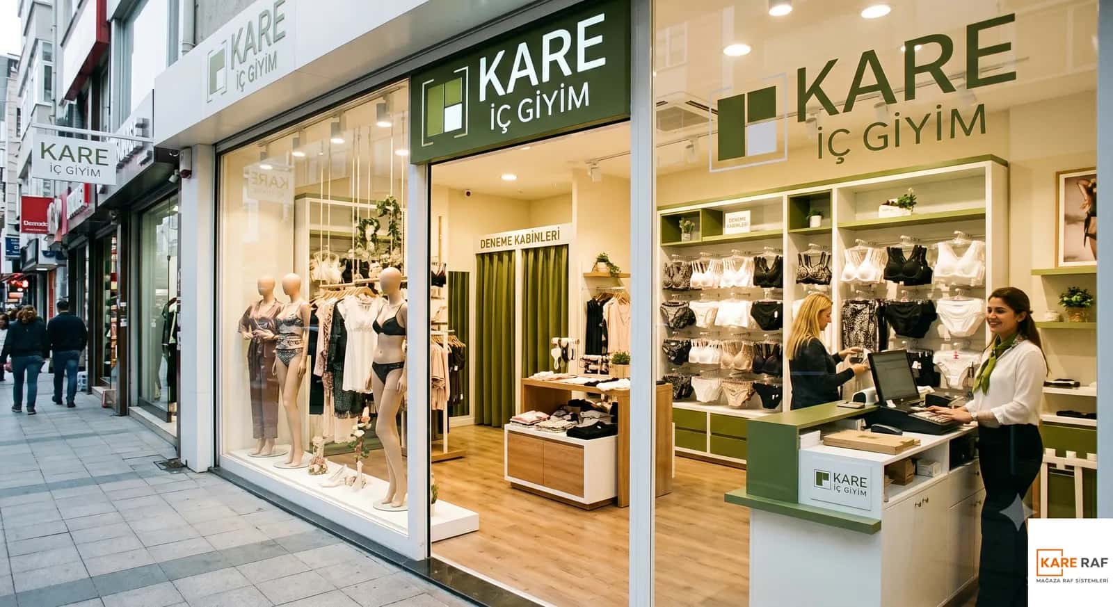İç giyim mağazası cephesi, vitrinde mankenler, yeşil detaylı duvar raflarında sütyenler ve kasa bankosu