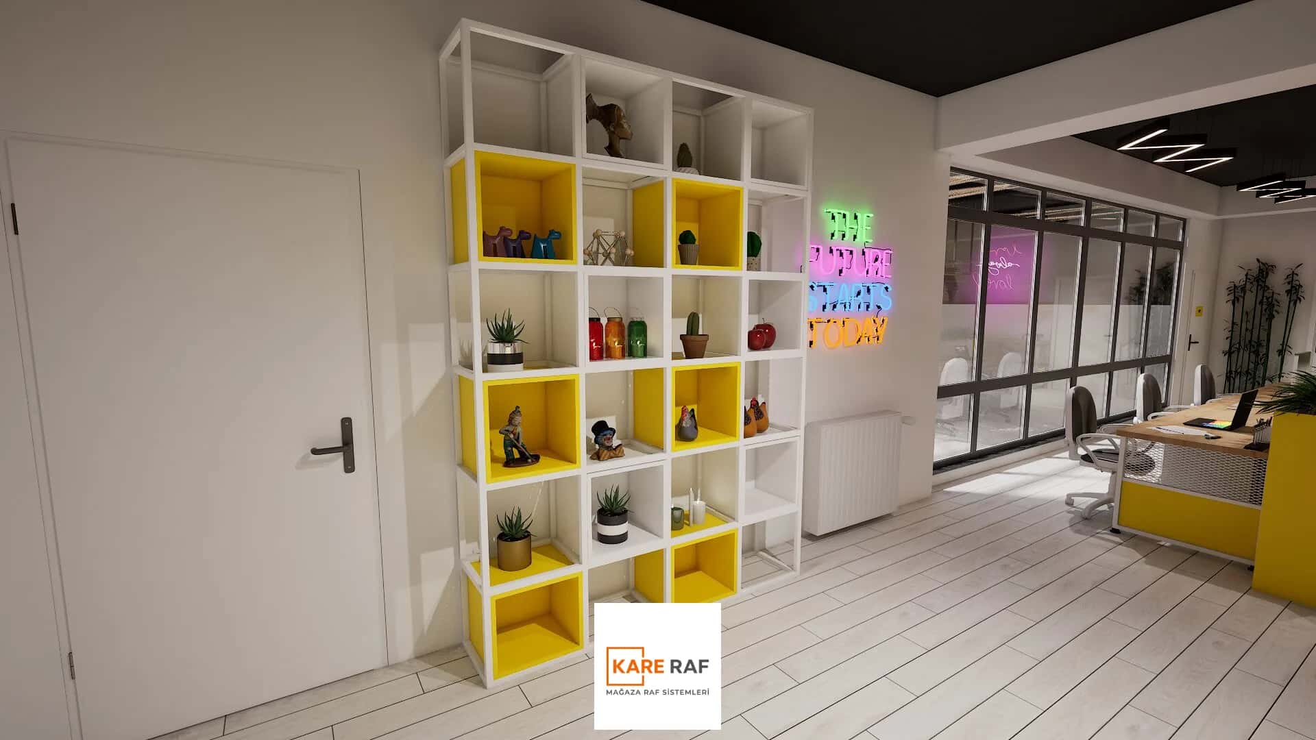 3D tasarım görseli: Megyori ofisinde sarı beyaz kutu modüllü kitaplık, neon yazı ve cam bölmeli çalışma alanı
