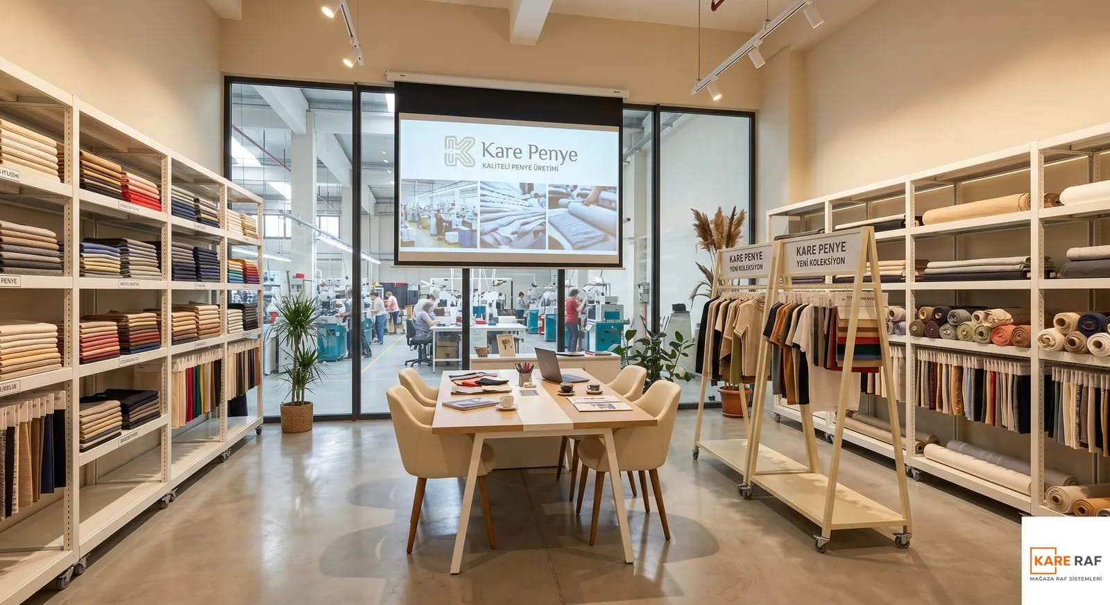 Penye showroomunda top kumaş ve katlı ürün rafları, tekerlekli askı, toplantı masası ve üretim alanına cam bölme