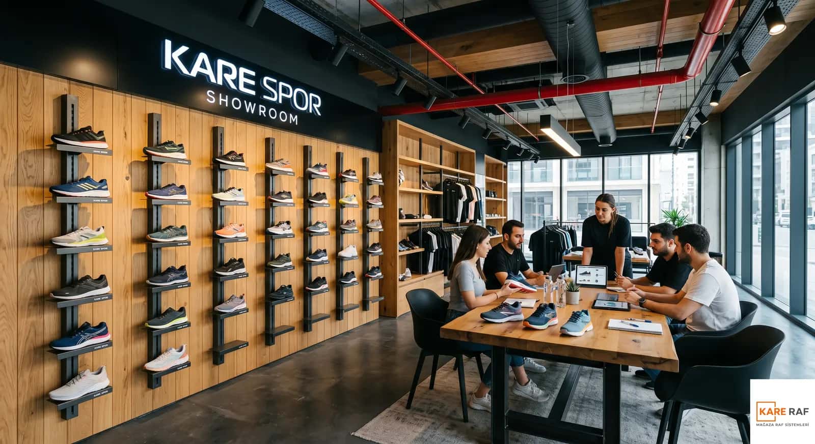 Spor ayakkabı showroomunda ahşap panel duvara dikey metal ayakkabı konsolları ve ürün inceleyen ekip masası