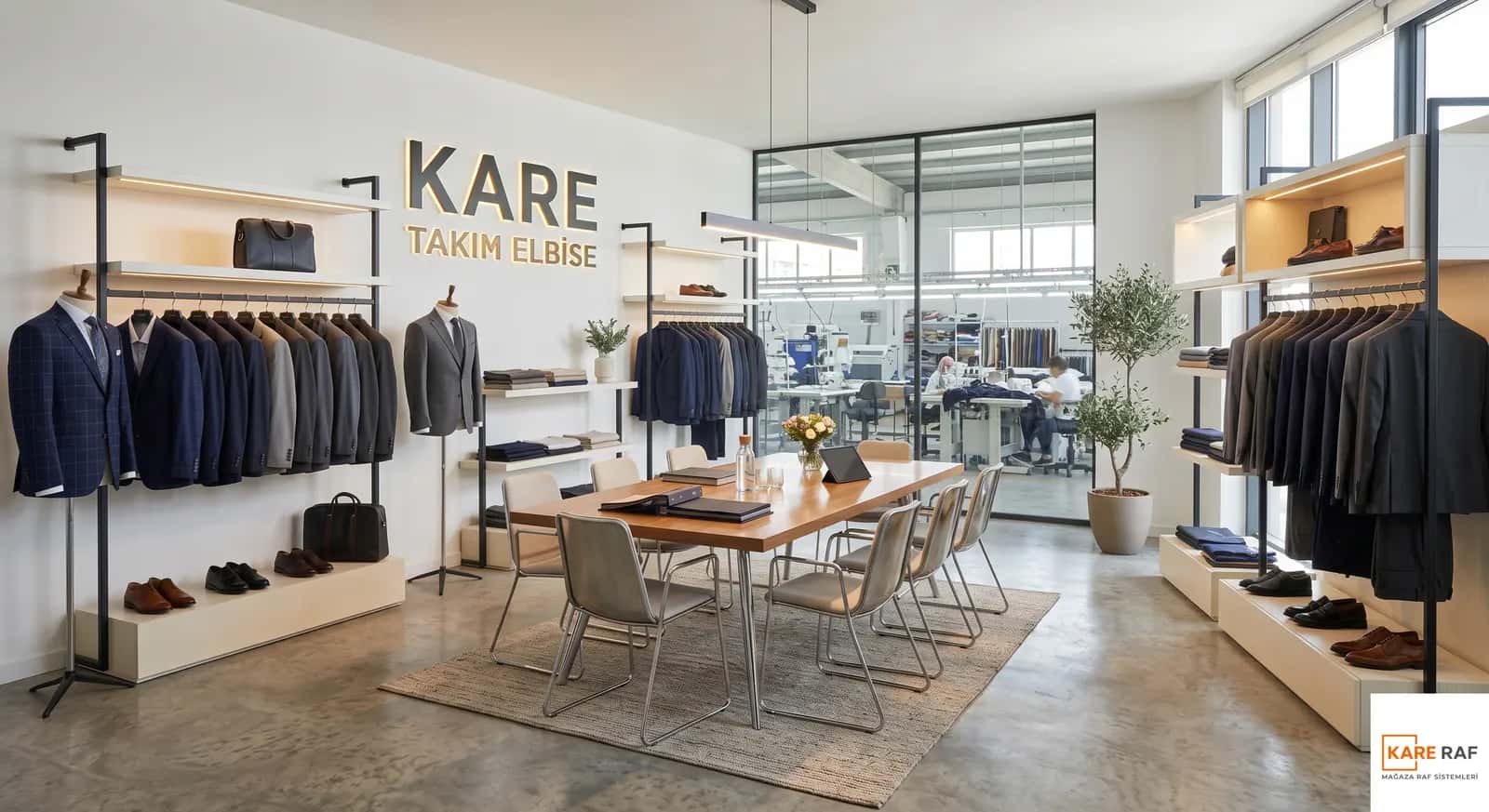Takım elbise showroomu: siyah metal duvar askılarında ceketler, ayakkabı podyumları ve toplantı masası