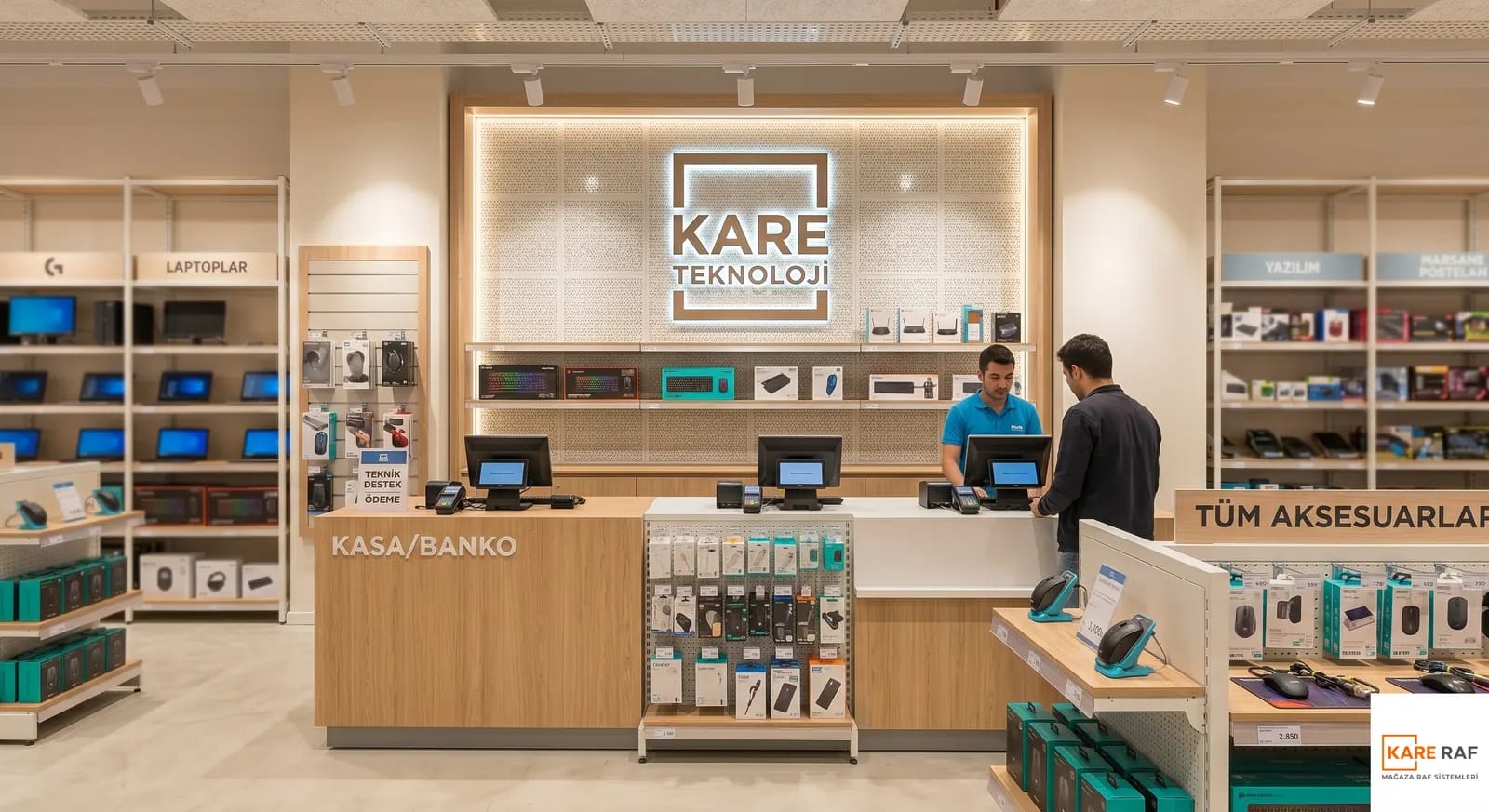 Teknoloji mağazası kasa bankosu, aydınlatmalı logo duvarı, delikli panoda aksesuarlar ve laptop rafları