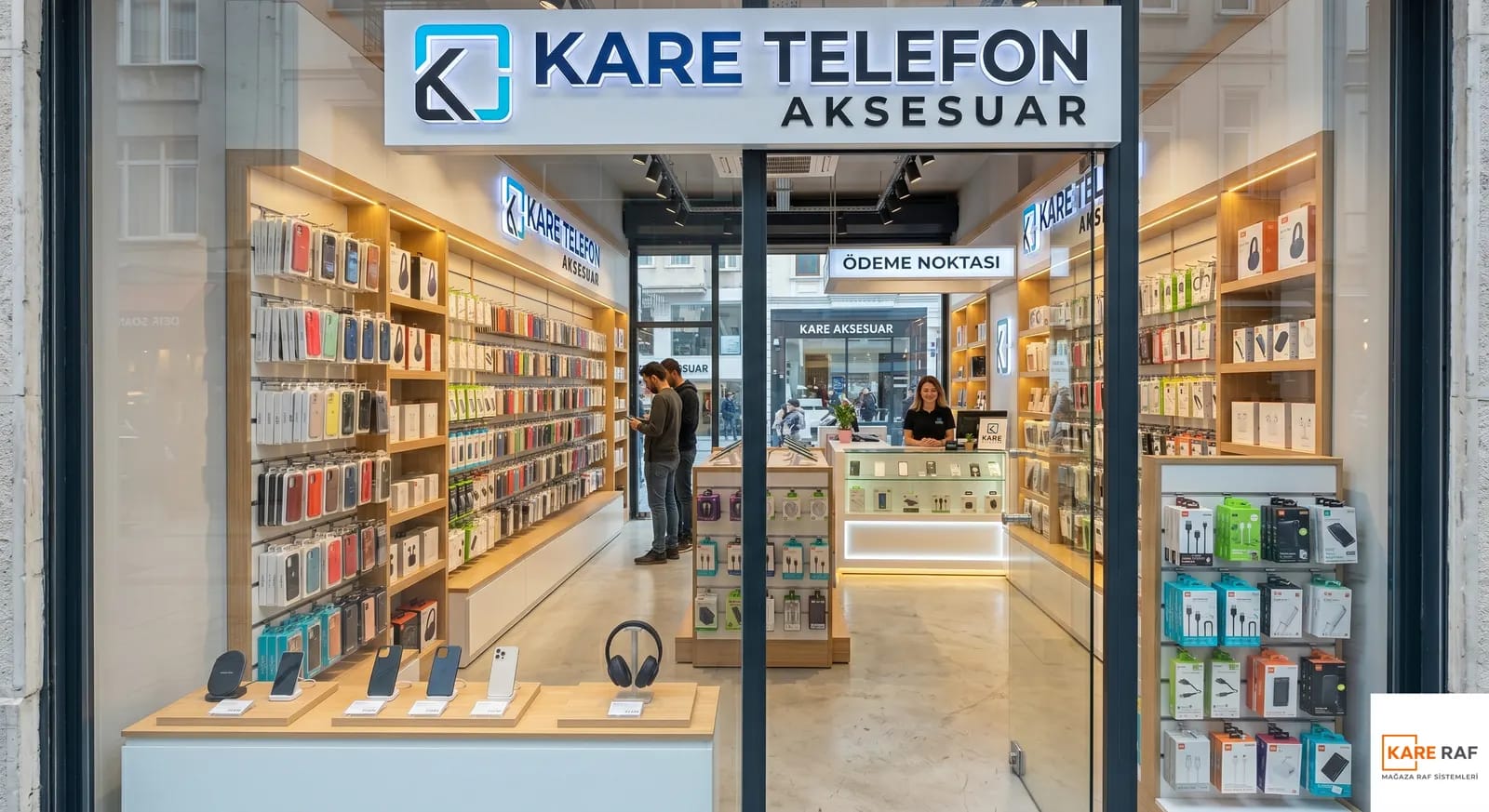 Telefon aksesuar mağazası girişi, ahşap duvar raflarında kılıf ve şarj ürünleri, orta ünite ve kasa