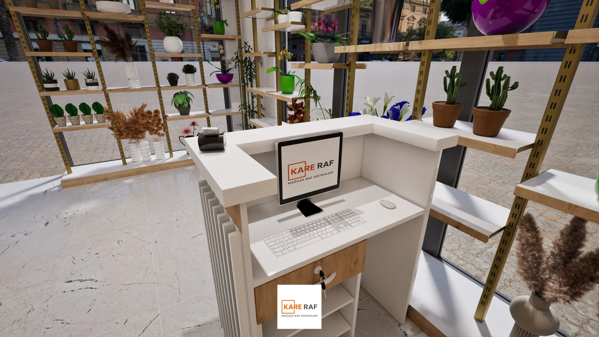 3D tasarım görseli: Çiçeğin Burada kasa tezgâhı yakın plan, monitör ve POS cihazı, yanda kaktüslü raflar